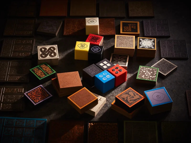 Strategiespiel von oben: Holzwürfel, Plättchen und Spielertableaus im Lichtkegel