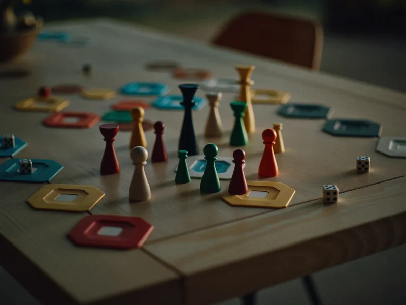 Familienspiel mitten in der Partie mit bunten Spielfiguren, Sechseckplättchen und Würfeln