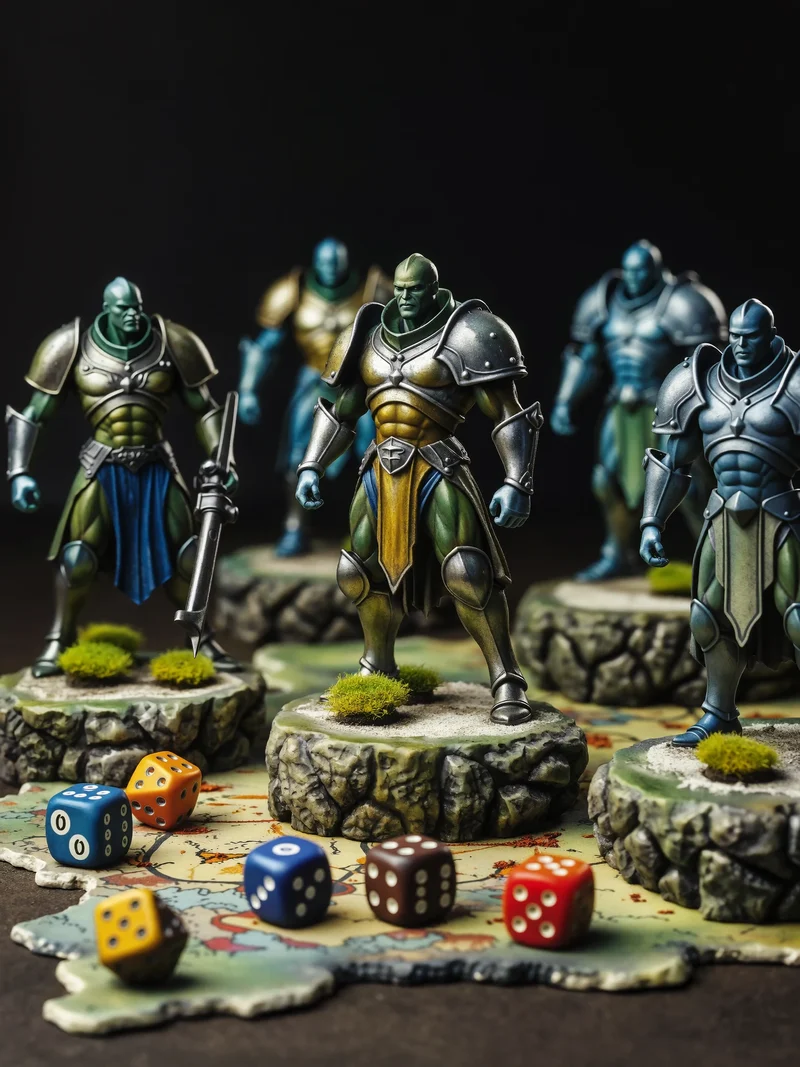 Bemalte Fantasy-Miniaturen auf Spielmatte mit Geländeteilen und Polyederwürfeln